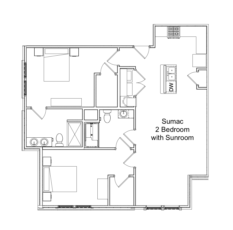 Floor plan labeled “Sumac 2 Bedroom with Sunroom,” showing two bedrooms, bath, kitchen, and living area.