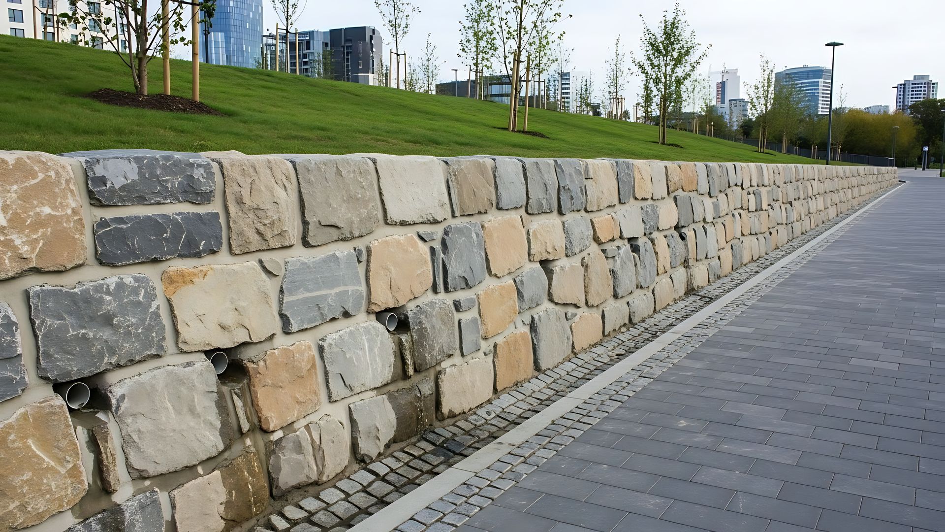 Contemporary segmented masonry stone retaining wall structure featuring integrated drainage pipe detail Contemporary segmented masonry stone retaining wall structure featuring integrated drainage pipe detail