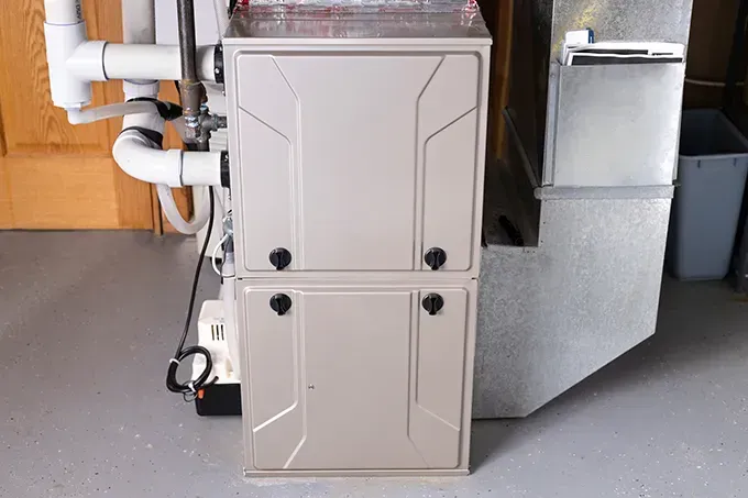 Basement furnace and HVAC ductwork beside a metal utility platform