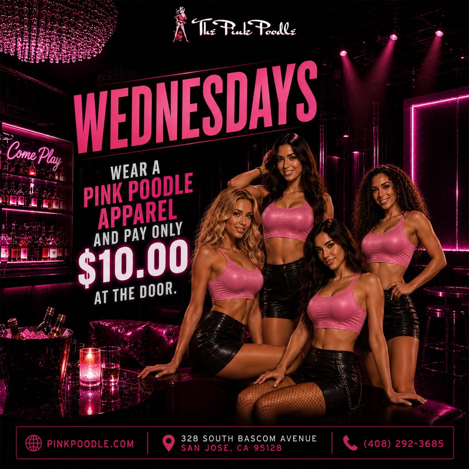Wednesday night club promo with three dancers in pink poodle outfits on a black-and-pink stage, $10 at the door