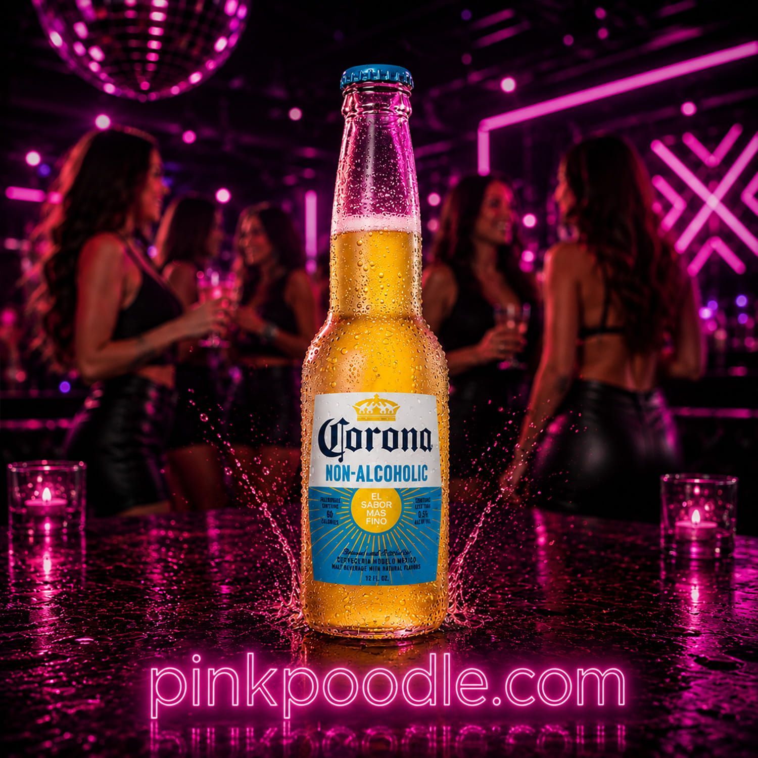 Corona beer bottle on a pink-lit nightclub table with women dancing in the background