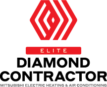Elite Diamond Contractor badge with red geometric emblem and Mitsubishi Electric Heating & Air Conditioning 