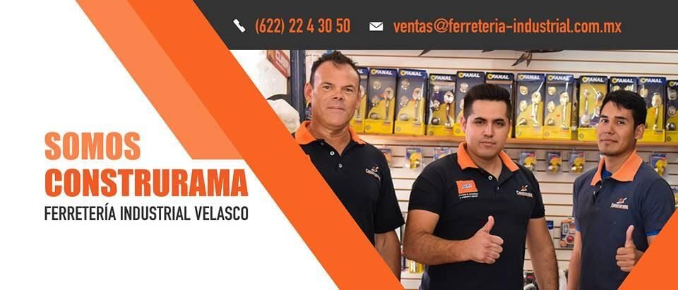 Tres hombres con camisas de trabajo, pulgares arriba. Diseño angular naranja y negro con la inscripción 