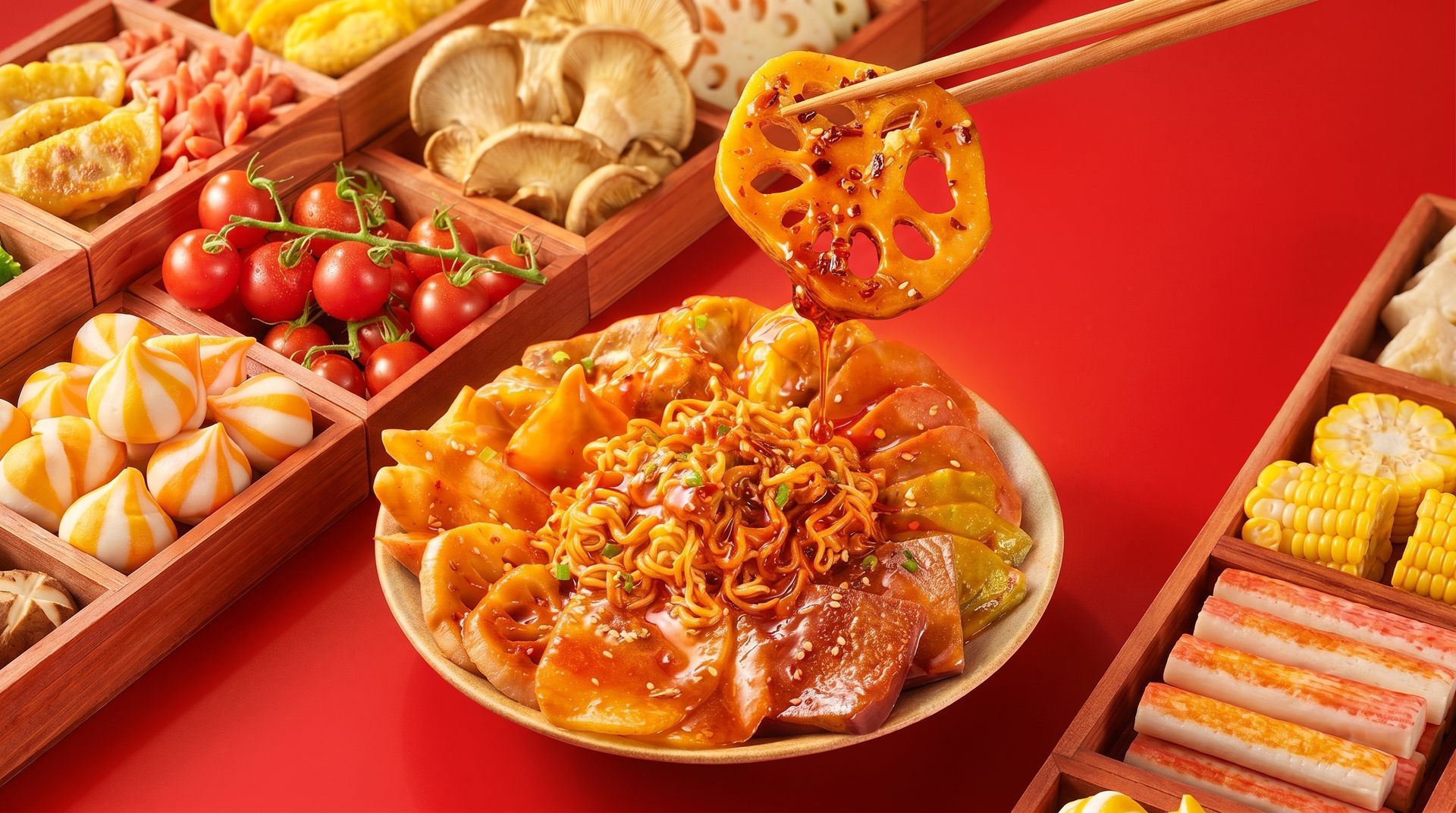 Red festive snack display with assorted pastries and a bowl of orange-glazed dessert topped with chopsticks