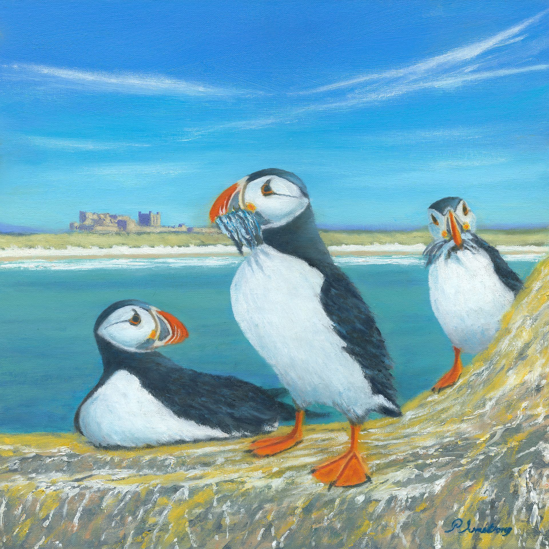 Three puffins on a cliff, ocean and castle in background. One holds fish, all have colorful beaks.