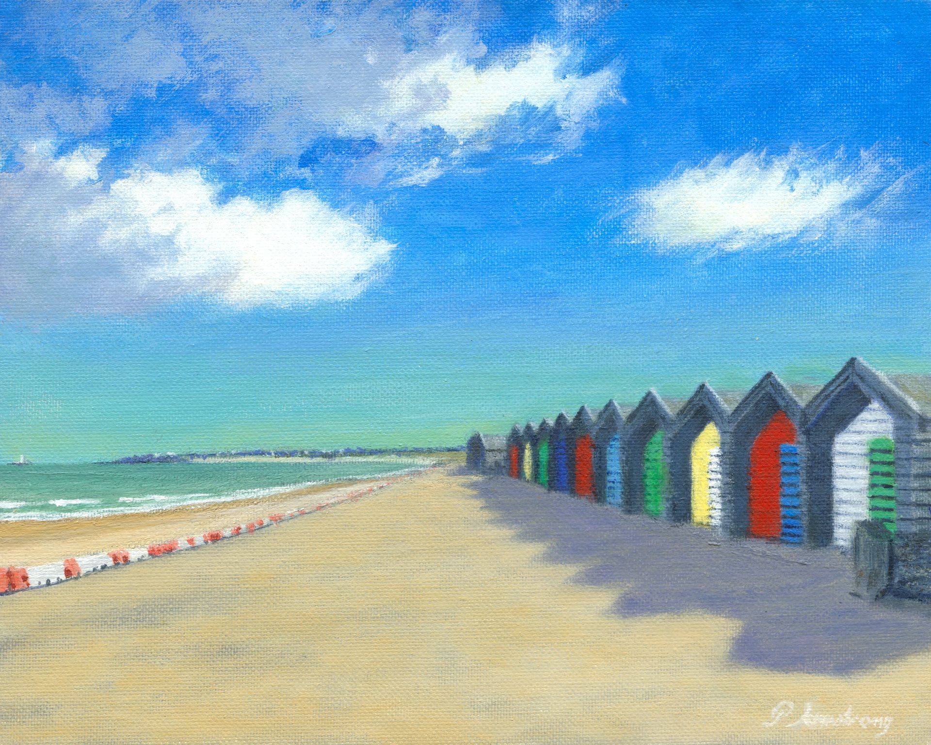 Beach scene with colorful beach huts under a blue sky with fluffy clouds.
