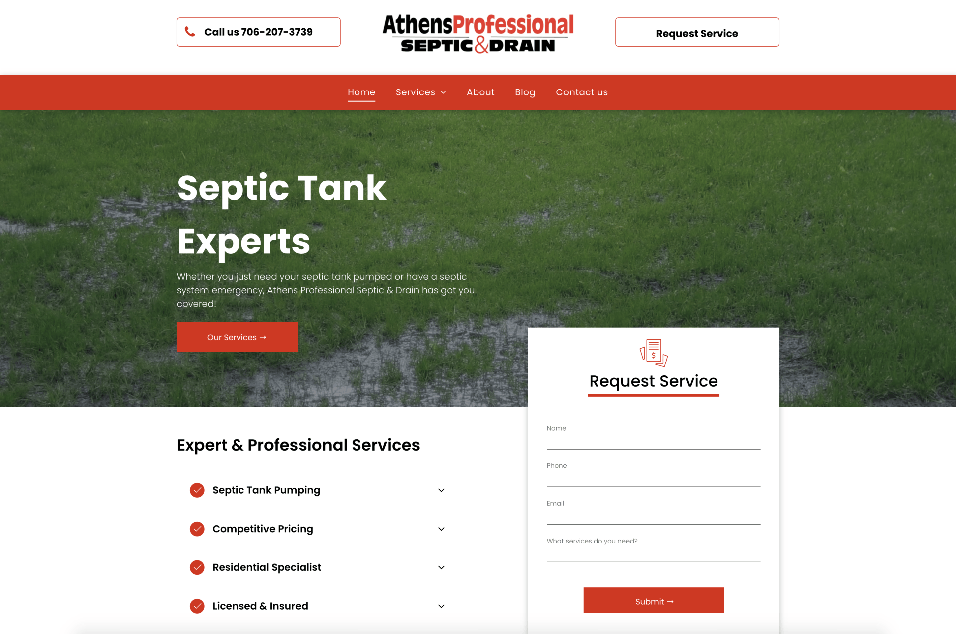 Septic tank service website homepage with green lawn background and a service request form