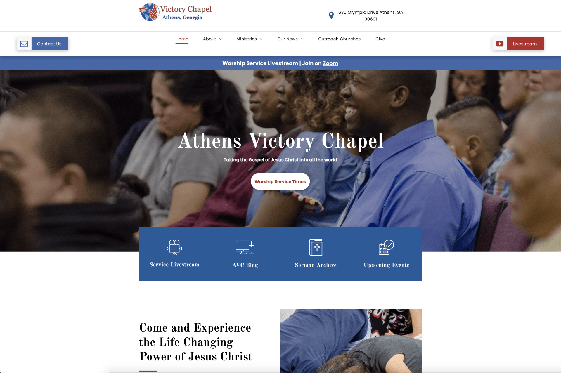 Athens Victory Chapel homepage with worship crowd banner and blue navigation bar