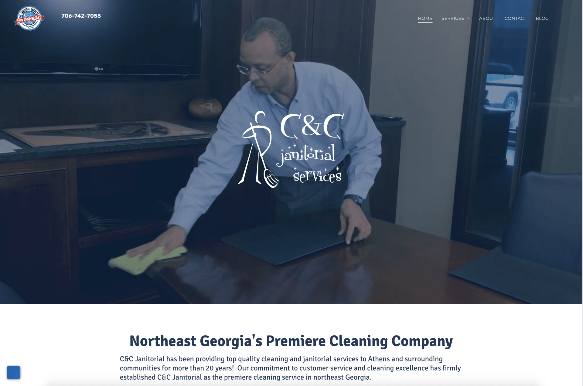 Cleaner mopping an office floor with a white C&C logo overlay and website banner above