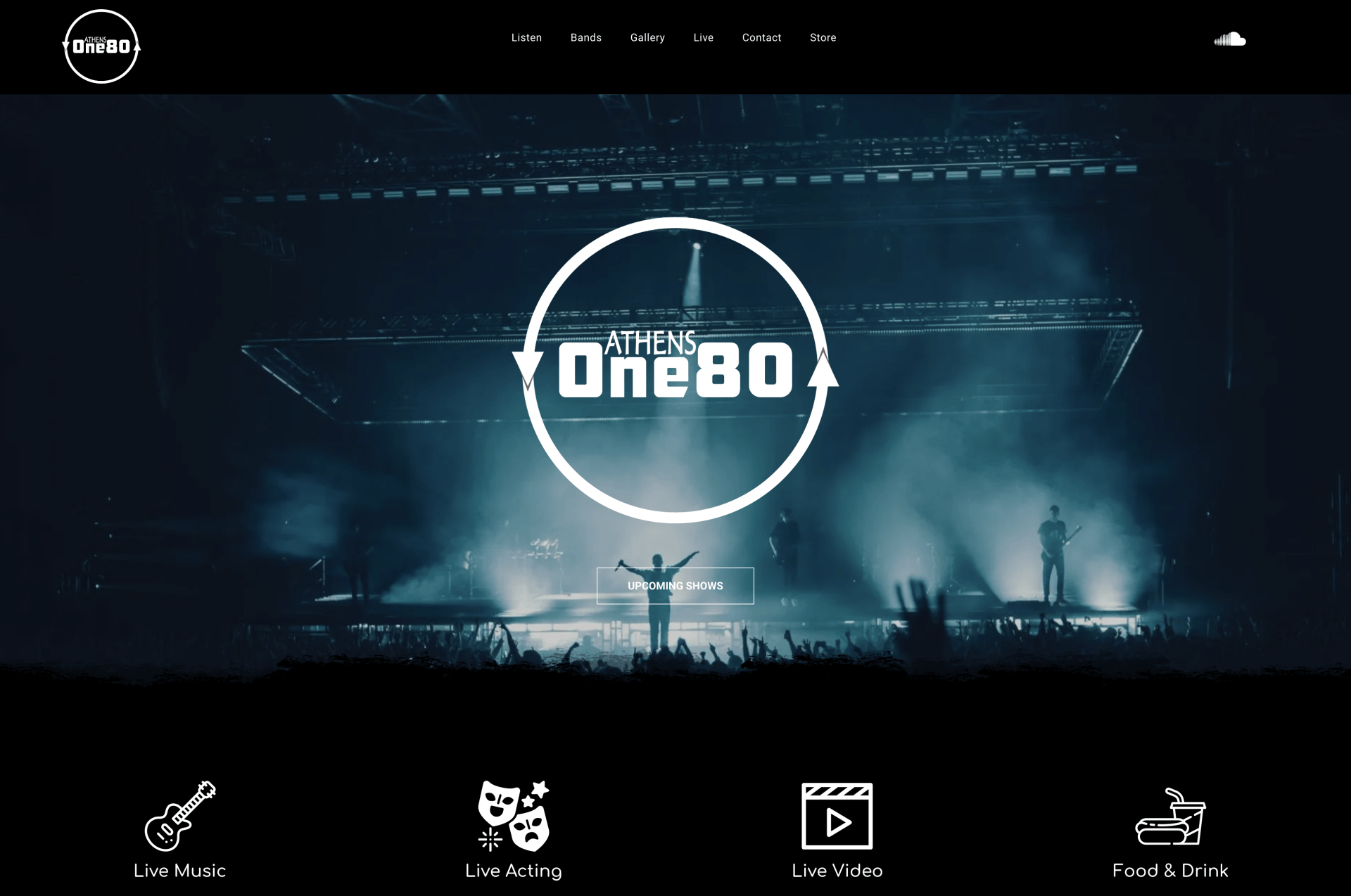 Concert stage with bright blue lights and a large circular logo on screen