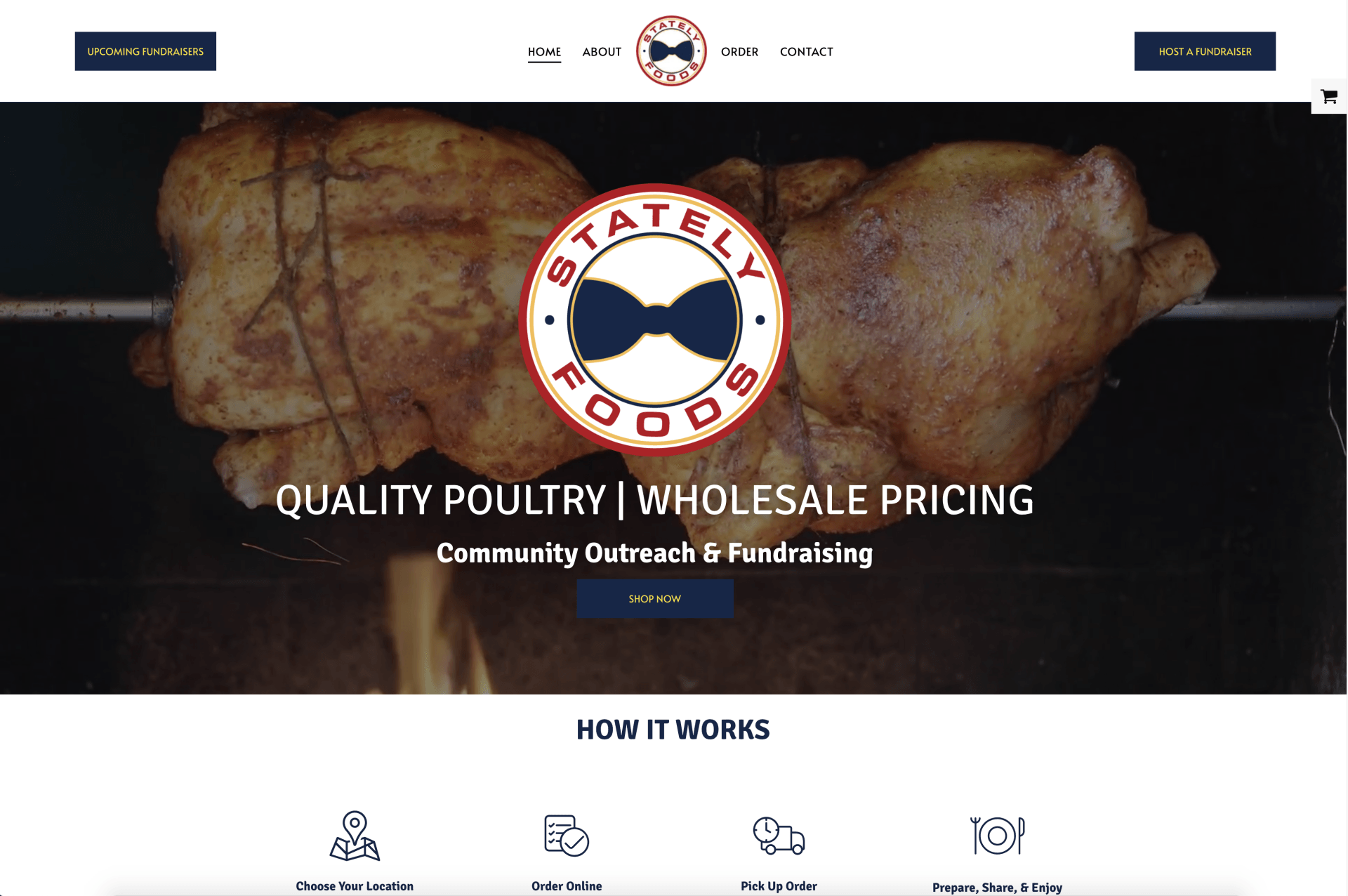 Website homepage for poultry wholesale pricing, with a chicken logo and roasted chicken background.