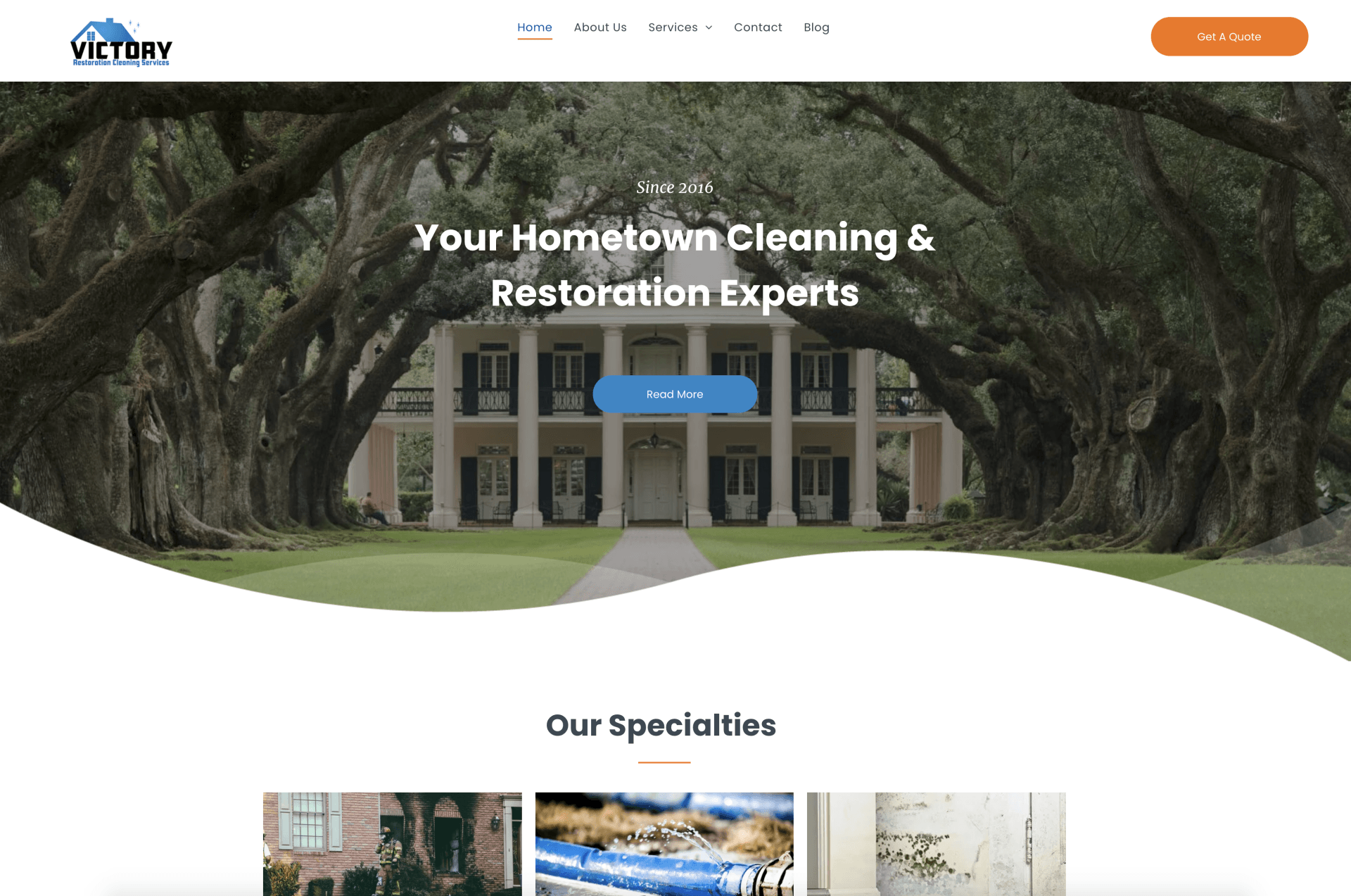 Homepage for a cleaning and restoration service with a house photo and “Our Specialties” section