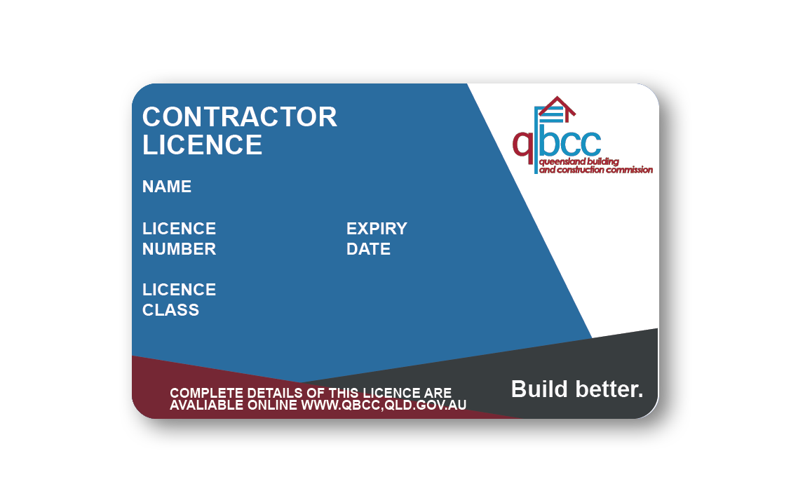 A blue and white contractor licence card on a white background