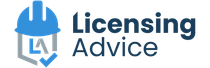 A logo for licensing advice with a blue hard hat and a check mark.