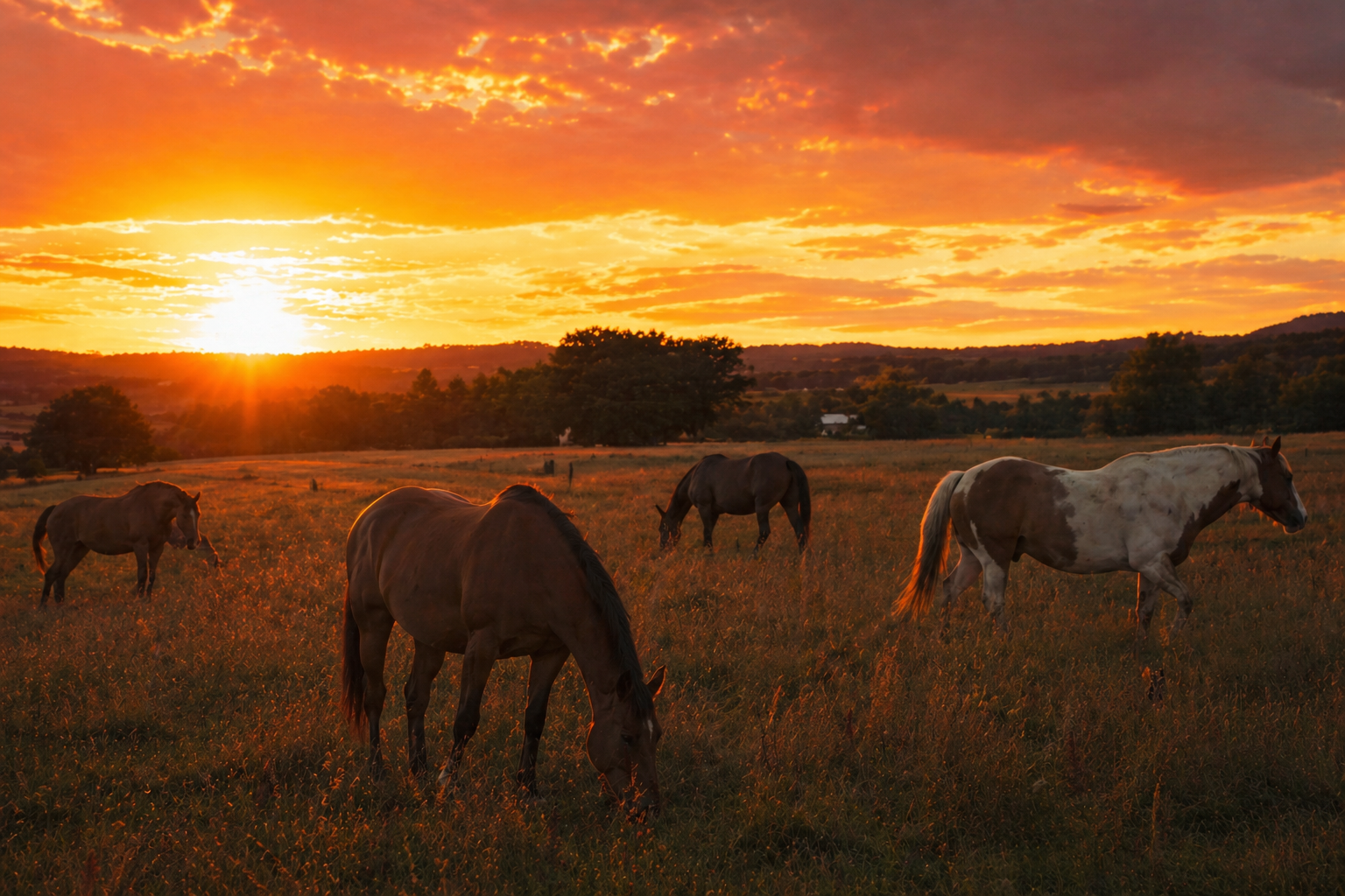 Horses grazing in a field at sunset under a vivid orange sky