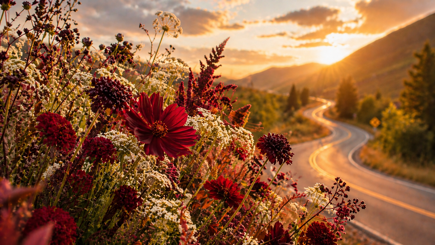 Wildflowers beside a winding road at sunset, with warm light over distant hills