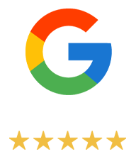 Google logo above five gold stars rating