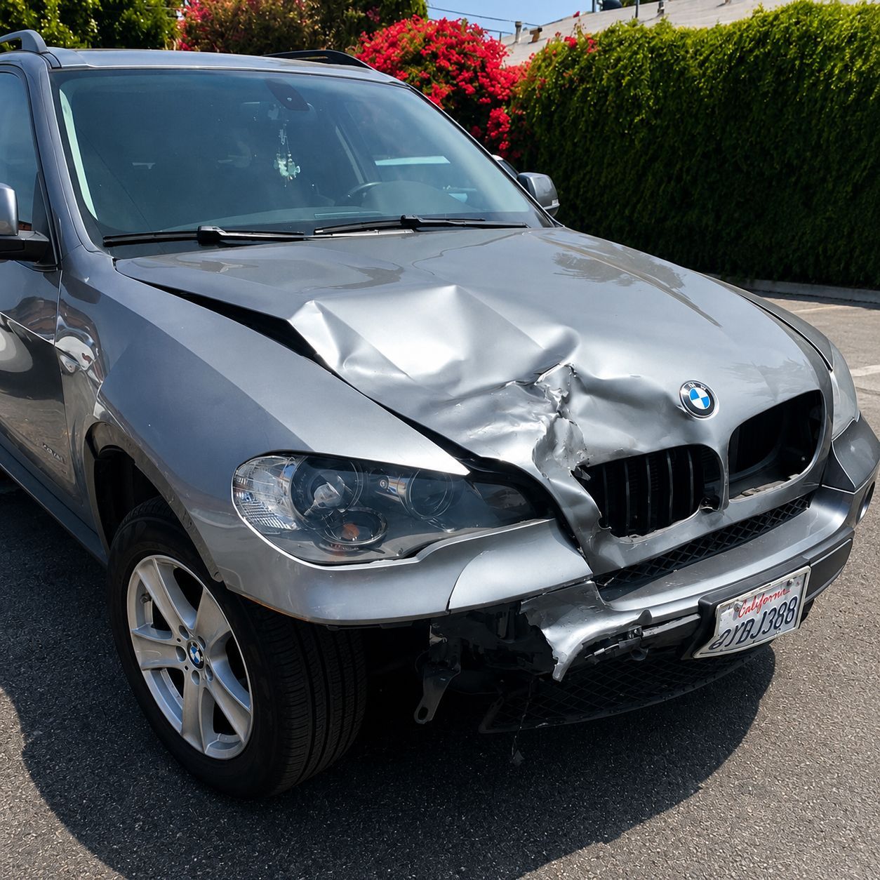Silver BMW with a crushed hood and front-end damage parked on a street by hedges