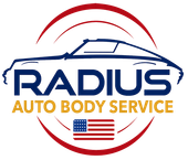 Radius Auto-Body logo with blue car outline and red arcs