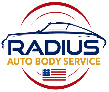 Radius Auto-Body logo with blue car outline and red arcs