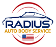 Radius Auto Body Service logo with blue car outline, red arcs, gold text, and small U.S. flag