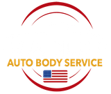 Auto Body Service logo with red circular arcs, gold text, and a small American flag icon