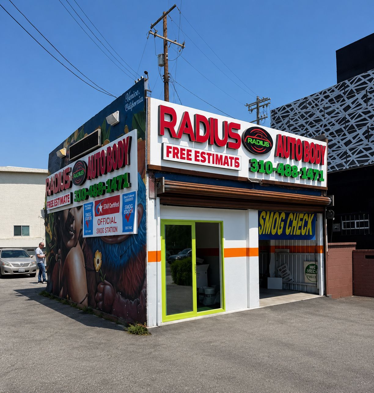 Radius Auto Parts storefront with bright red and green signage and free estimates sign