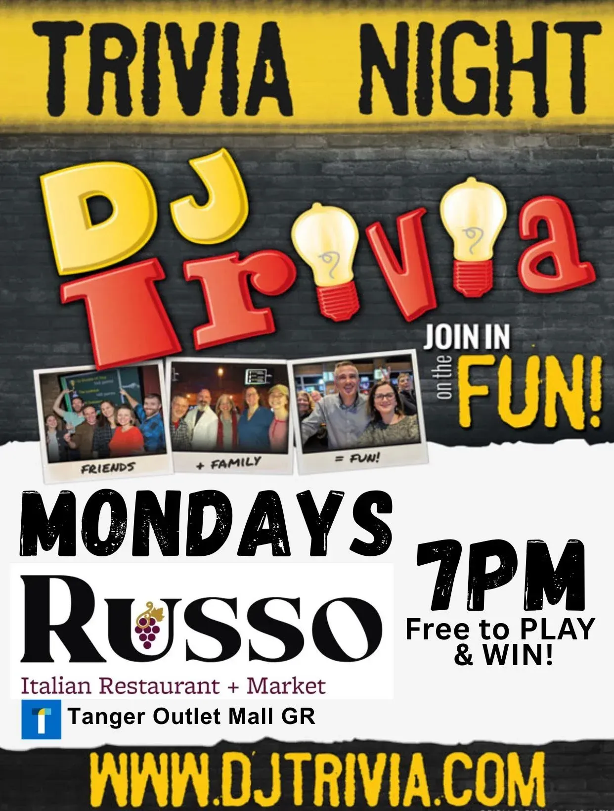 Trivia Night at Russo Italian Restaurant on Mondays at 7 PM. Free to play & win.