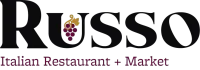 Logo for Russo Italian Restaurant + Market, black text with a bunch of grapes in the "U" and the words beneath in burgundy.