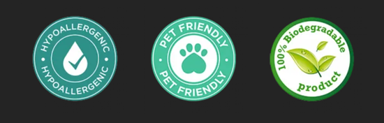Three circular green badges: hypoallergenic, pet friendly, and biodegradable product.