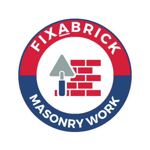A logo for Fixabrick masonry work with a brick wall and trowel