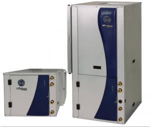 Two air conditioning units, one vertical and one horizontal, both in white and blue.