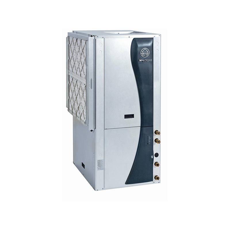 A silver and dark blue HVAC unit with a filter on the side.