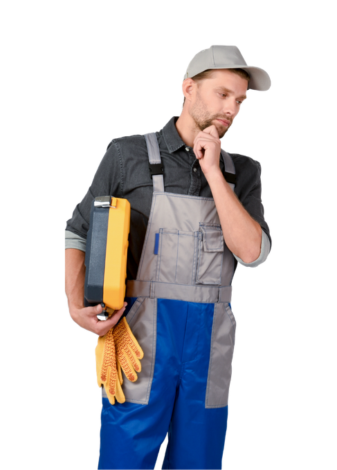 Man in overalls, cap, holding a toolbox and gloves, looking thoughtful.