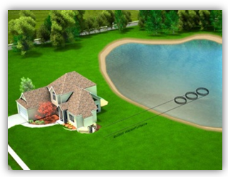 House near pond with water intake rings. Green lawn, trees, blue water.