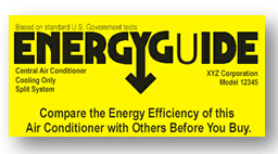 Yellow EnergyGuide label for a central air conditioner, with black text and arrow.