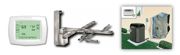 Thermostat, ductwork, and air conditioning unit; diagrams for HVAC system.