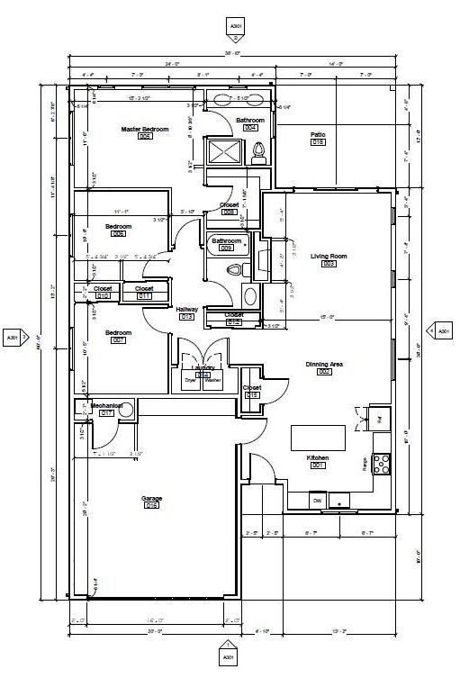 Ridge Road 3-bed 2-bath floor plan. Black-and-white architectural floor plan of a house with labeled rooms and measurements