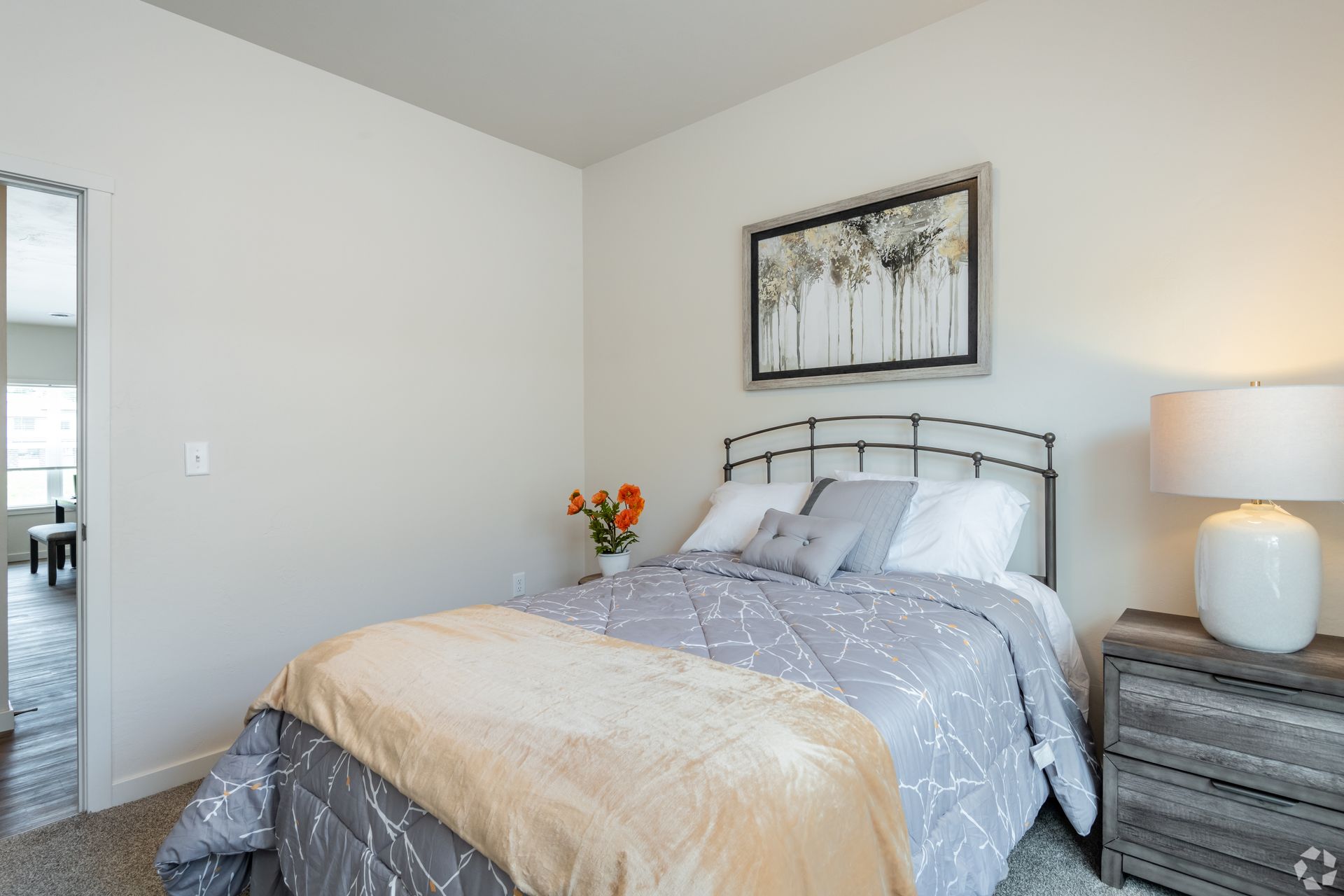 Bright bedroom with gray bedspread, bedside lamp, and framed wall art