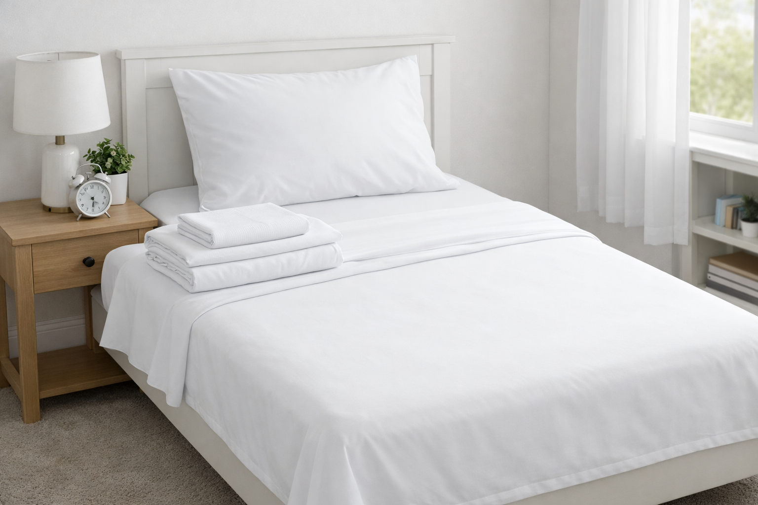 White bed with crisp white sheets, pillow, and a folded sheet set. Nightstand with lamp and clock.