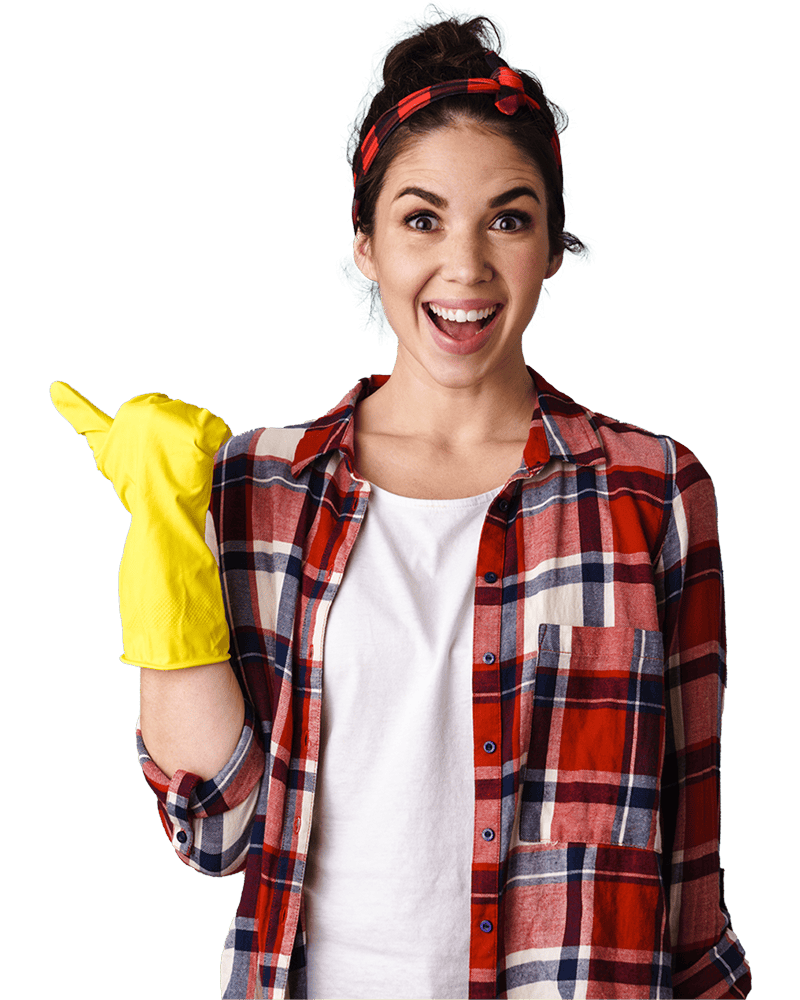 Woman wearing yellow glove, pointing with a surprised expression.