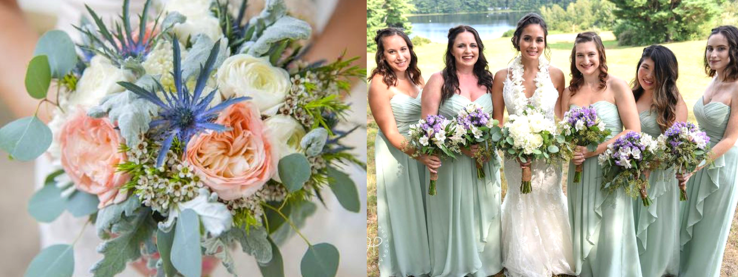 Bouquet of pastel flowers beside five bridesmaids in sage dresses holding matching bouquets outdoors