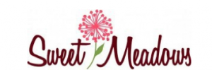 Sweet Meadows logo in pink script with a floral flower accent