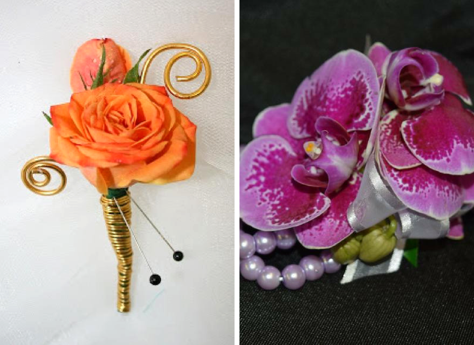 Two floral corsages: orange rose with gold spiral accents, and purple orchid with pearls on a dark background