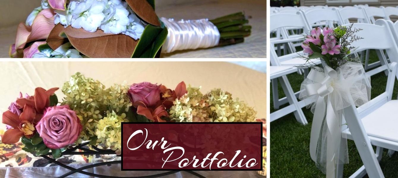 Flower arrangements and wedding bouquet portfolio collage with pink and white blooms
