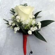 White rose boutonniere with baby's breath, dark green leaves, and a red ribbon wrap on a light background