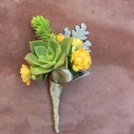 Small succulent bouquet with yellow flowers and silver-blue leaves on a brown background