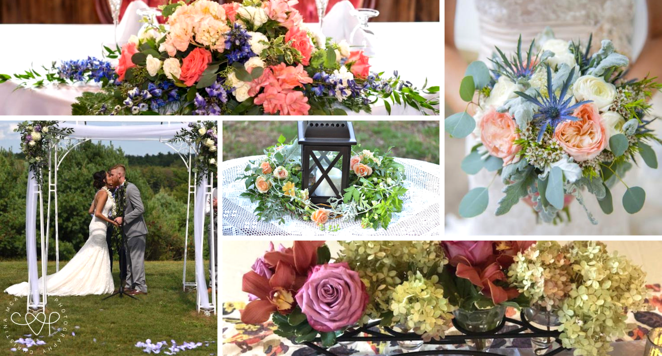 Wedding floral collage with pastel bouquets, lanterns, and a couple under a white arch
