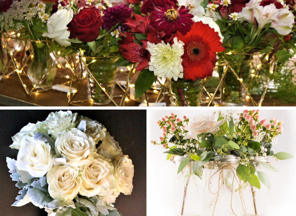 Floral centerpieces with red, white, and pink flowers arranged in gold vases and jars
