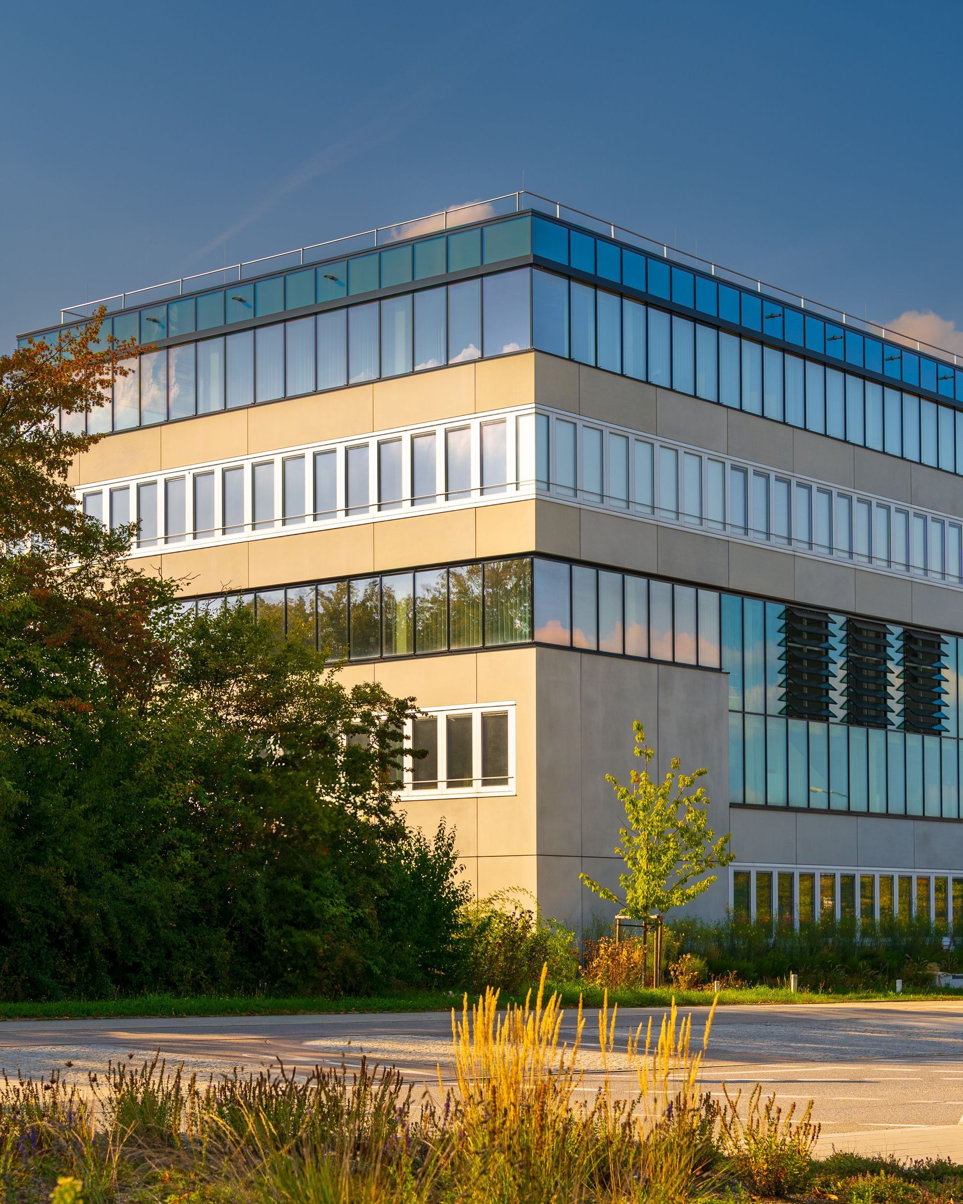 Immeuble de bureaux moderne aux vitres teintées bleutées et aux panneaux beiges, vu de l'extérieur par une journée ensoleillée.
